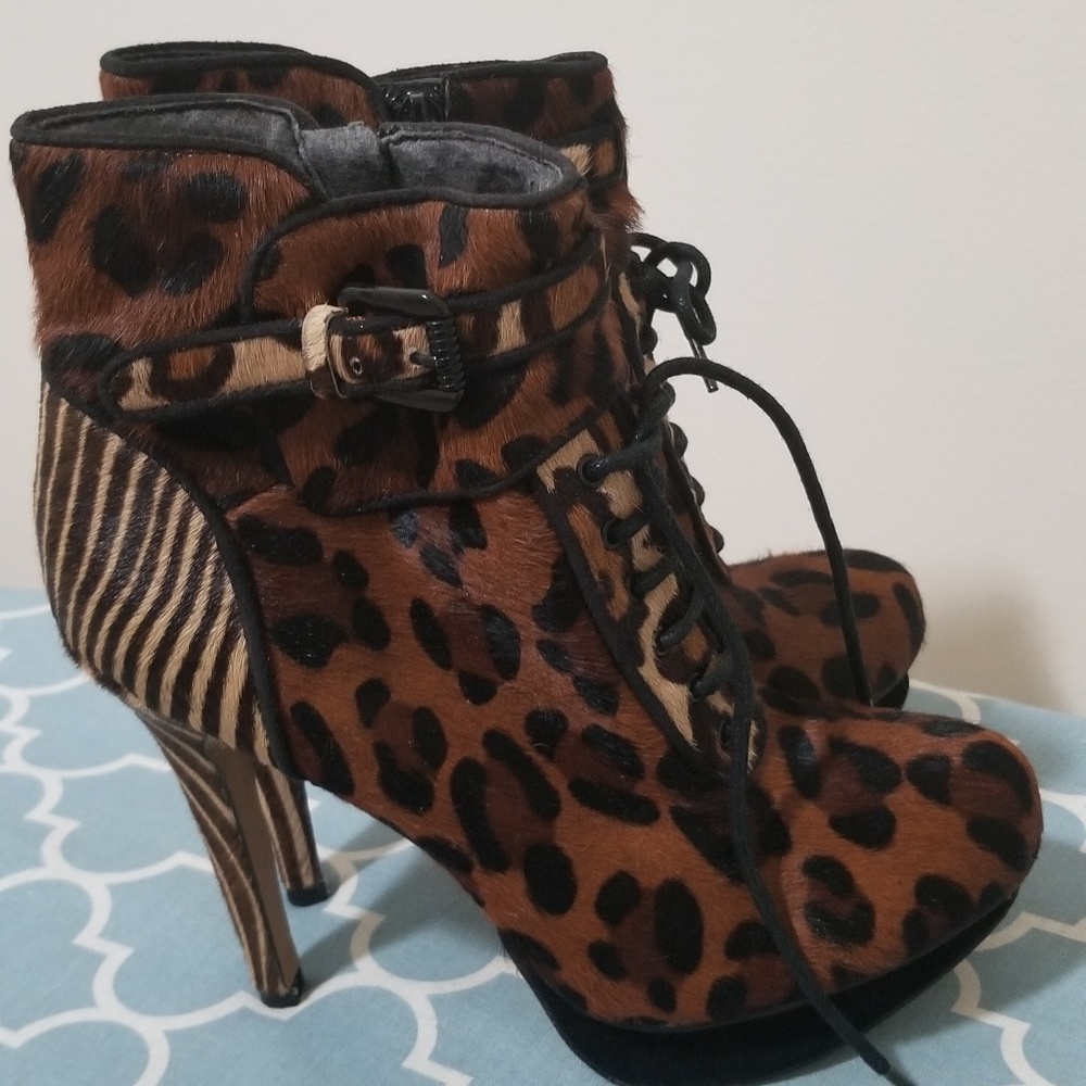 SOLD.  Leopard print/ calf hair lace up booties